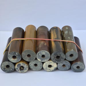 Può includere: Una collezione di dodici aste cilindriche disposte su due file e fissate con un elastico. Ogni asta presenta una superficie liscia e lucida con varie tonalità di marrone, beige e grigio, e un foro circolare centrato sull'estremità piatta.