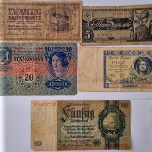 Set of original vintage money, 5 banknotes of Europe and USSR