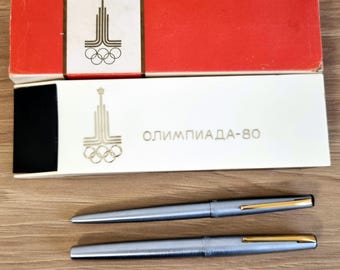 Vintage USSR Fountain Pen & Ballpoint Set: 14K Gold Nib, Soyuz, Moskow 80