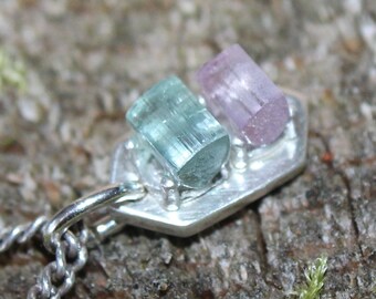 Turmalin Crystal 999 Fine Silver Pendant | Light-blue and light-pink raw Natural Turmalin Crystals | Handmade Silver Pendant