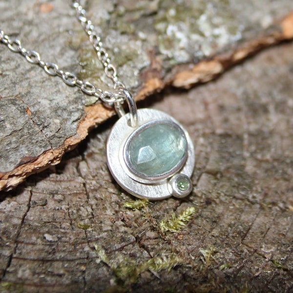 Aqua Kyanite & Green Tourmaline Silver Pendant | 999 Fine Silver | Handmade artisan Silver Jewelry