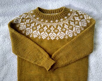 Hand knit fair isle jumper with colourwork yoke. 3-4 year size
