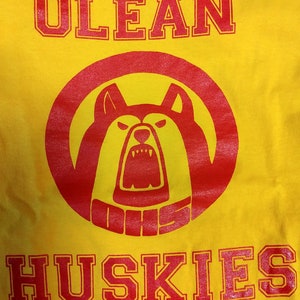 May include: Yellow t-shirt with red lettering that says "OLEAN HUSKIES". A red circle with a red husky dog inside is above the text.