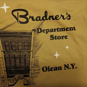 May include: A vintage-style illustration of a department store building with the text "Bradner's Department Store Olean N.Y." and two white stars.