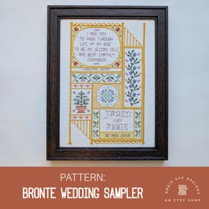 May include: A cross-stitch sampler with a wedding quote by Charlotte Bronte, "I ask you to pass through life at my side- to be my second self, and best earthly companion." The sampler also includes the names Jared & Abbie and the date 30 Nov 2019.