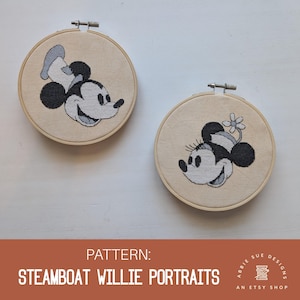 May include: Two embroidery hoop patterns featuring black and white portraits of Mickey Mouse and Minnie Mouse. The pattern is titled "Steamboat Willie Portraits" and is from Abbie Sue Designs, an Etsy shop.