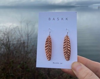 Feather light Hammered textured 1 1/2” copper leaf earrings with sterling silver ear hooks