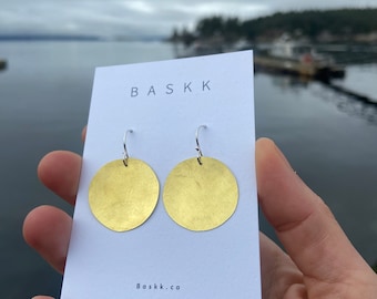 Feather light Hammered flat texture in three sizes brass disc earrings with sterling silver ear hooks