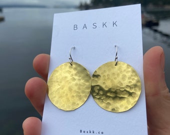 Feather light Hammered dappled texture brass disc earrings with sterling silver ear hooks