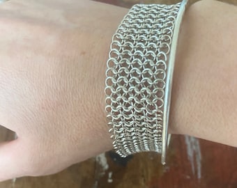 Sterling silver 3/4 wide fine chain maille cuff bracelet