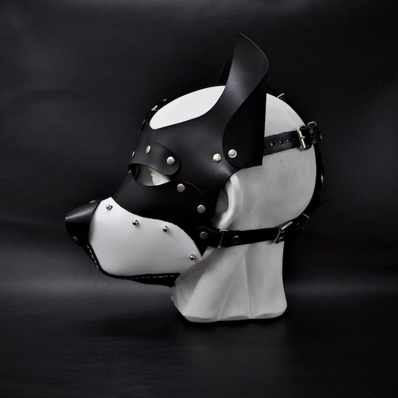 Unisex Leather Dog Puppy Bondage White Hood Mask And Mouth Gag - D1-WHT