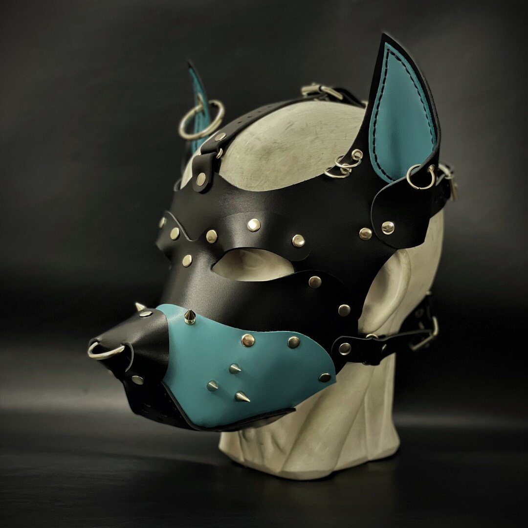 Leather Dog Mask With Spikes and Rings Leather Puppy Mask Puppy Mask