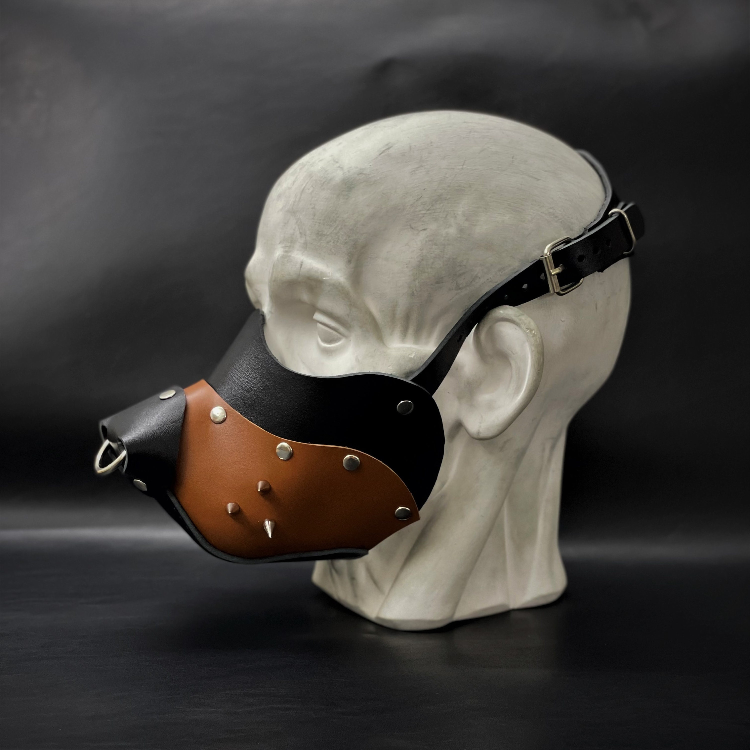 Leather Dog Mask With Spikes Brown Muzzle - Leather Puppy