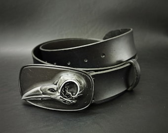 Leather Belt - Crow Belt Buckle - Skull Belt - Raven Belt - Plague Doctor Belt - Gothic Belt - Custom Belt - Biker Belt - Black - Handmade