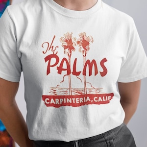 Retro THE PALMS Motel Bar on a Unisex Bella+Canvas Short Sleeve Tee Shirt, vintage Carpenteria California Mid Century Modern