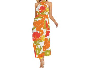 70-tals blommig halterneckklänning: Retro orange blommig omlottklänning för fest