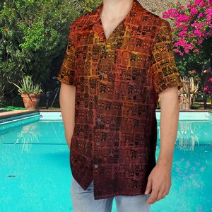 Retro Tiki Volcano Hawaiian Shirt: Mid-Century Modern Orange Button-Down