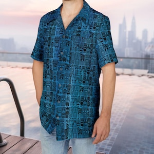 Retro Tiki Hawaiian Shirt, Mid Century Modern Ocean Blue Button-Down, Tiki Party Men&#39;s Shirt, Vintage Hawaiian Shirt, Hawaiian Beach Wedding