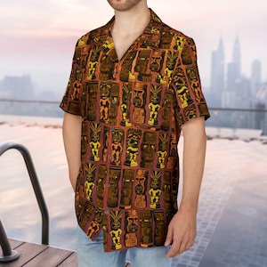 Retro Tiki Gods Hawaiian Shirt, Tiki Party , Mid Century Modern Tropical Shirt, Orange Men&#39;s Shirt, MCM Life Aloha Shirt