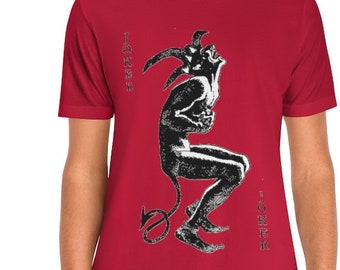 Retro Playing card THE JOKER Satan on Unisex Jersey Short Sleeve Bella+Canvas Tee Shirt wear to Dance with the Devil