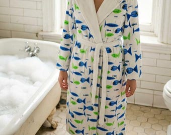 Retro Tropical Fish Unisex Flannel Hooded bathrobe with that Mid Century Modern flair!