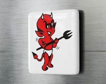 Retro Lil' Devil Tattoo Art Porcelain Magnet, Square / Satan with his Pitchfork on your Fridge!