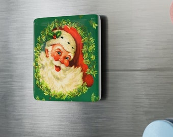 Retro MCM Santa Porzellan Magnet, Quadratisch / Mid Century Modern 1950er Jahre Weihnachtsjubel für den Kühlschrank!