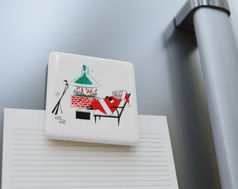 Retro MCM Santa at a Ski Lodge Porzellan Magnet, Quadratisch / Mid Century Modern 1950's Christmas Cheer for the Kühlschrank!