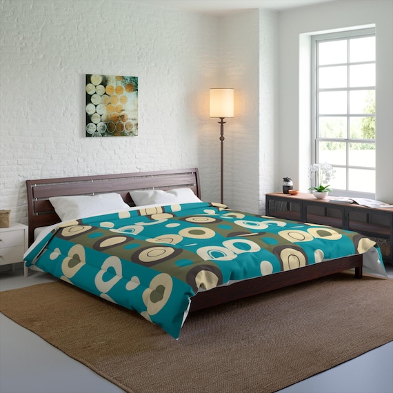 70's Retro Green Blue Brown Circles Comforter, Twin Full Queen King Size, Modern As Tomorrow, Matching Pillow Shams, Bedroom Decor, Home