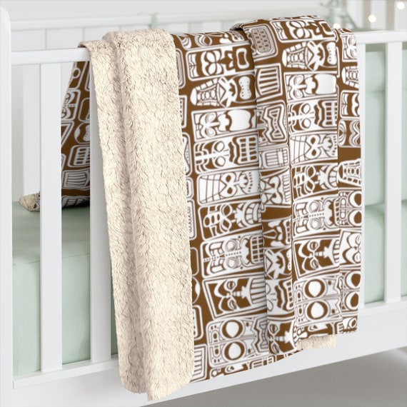 Retro Tiki Mid Century Modern Tropical Brown and White Sherpa Fleece Blanket, 2 sizes