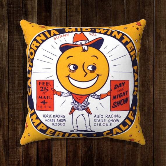 Retro 1950's Square Pillow Case Mid Century Travel California Mid WInter Fair Spun Polyester