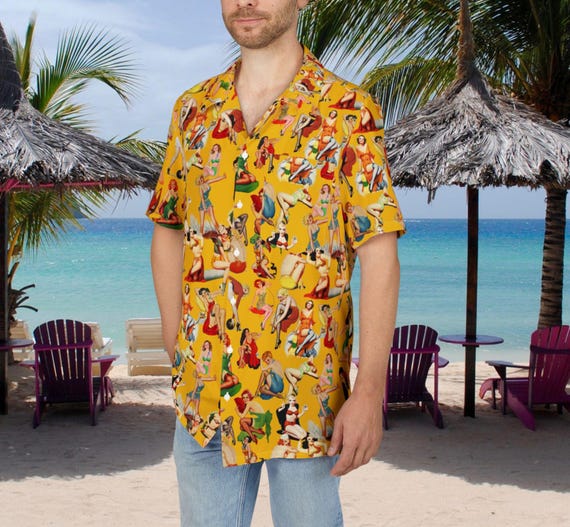 Vintage Pin-Up Hawaiian Shirt: 30s-40s Cheesecake Art, Retro Bombshell Style