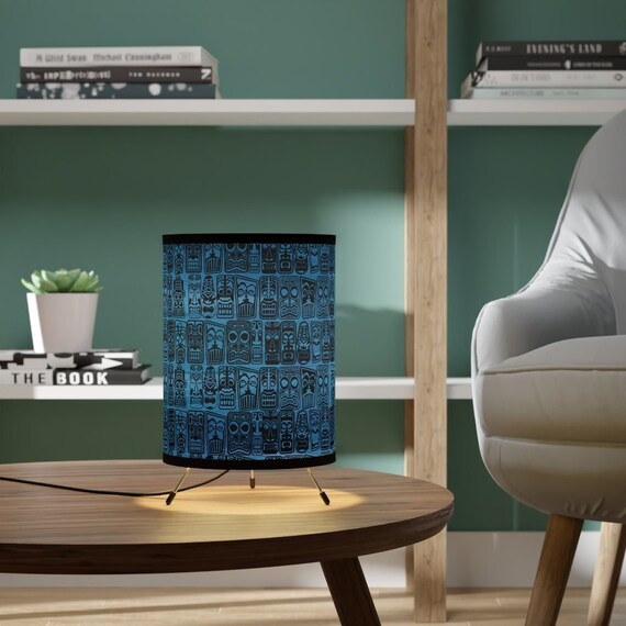 Retro Mid Century Modern Tropical Blue Tiki Tripod Lamp with High-Res Printed Shade, US/CA plug MCM Tiki Lifestyle!