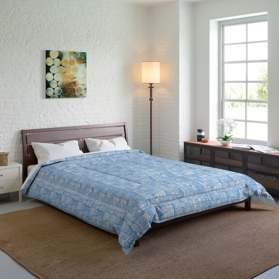 Retro Sky Blue Tiki God Comforter - Cozy Bedding, MCM Home Decor, Retro Modernism Gift, 50s Style, Geo Comforter 4 sizes