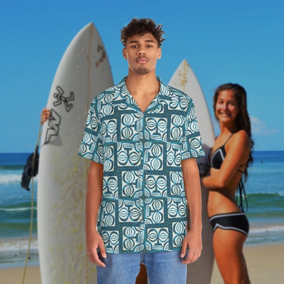 Retro Tiki Blue Idol Pattern on Men's Hawaiian Shirt Mid Century Modern Tropical for your Tiki Party or MCM life.