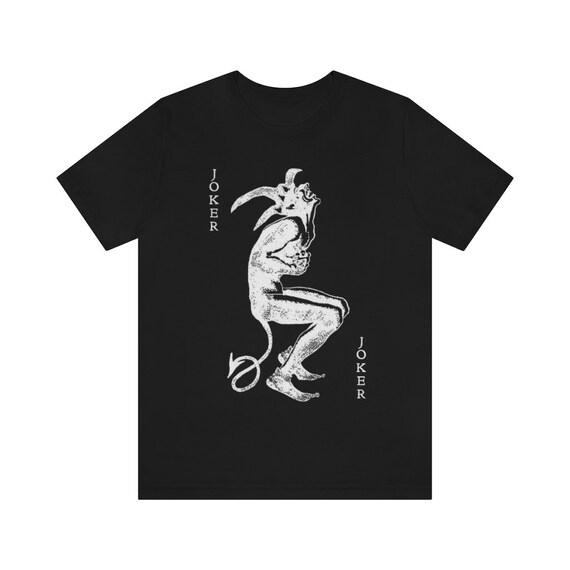Retro Playing card THE JOKER Satan on Unisex Jersey Short Sleeve Bella+Canvas Tee Shirt wear to Dance with the Devil