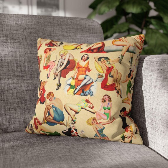 Retro Pin Ups from the 30's and 40's on Faux Suede Square Pillow Case / soft comfort! Classic Cheesecake in 4 sizes.