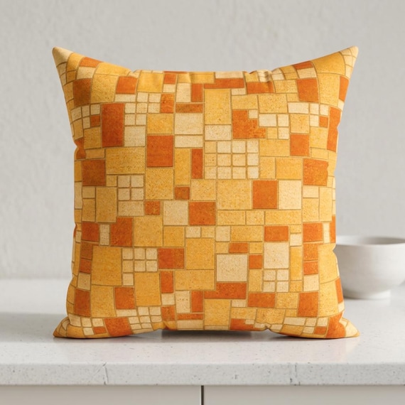 Retro 70's Geometric Mosaic Pillow | Square Throw Pillow, Mid Century Modern Abstract Pattern