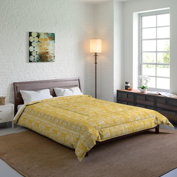 Retro Sunshine Yellow Tiki God Comforter - Cozy Bedding, MCM Home Decor, Retro Modernism Gift, 50s Style, Geo Comforter 4 sizes