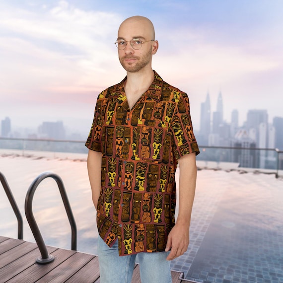Retro Tiki Gods Hawaiian Shirt, Tiki Party , Mid Century Modern Tropical Shirt, Orange Men's Shirt, MCM Life Aloha Shirt