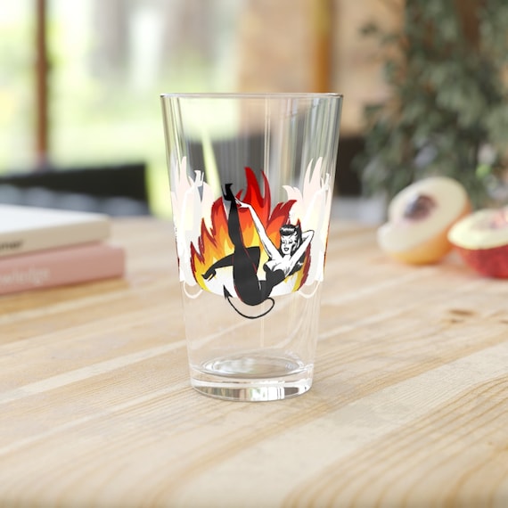 Retro Tattoo Art Devil Doll Pint Glass, 16oz, She Demon Style Tattoo inspired artwork, Gift for the Devil that likes a cold brew or Draft