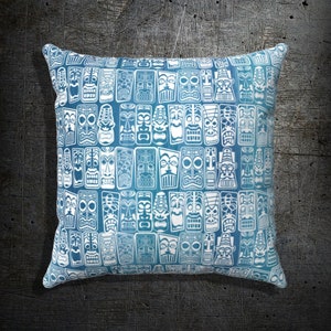 Retro Tiki gesponnen polyester BLAUW vierkant kussen jaren 1950 vintage stijl kussensloop