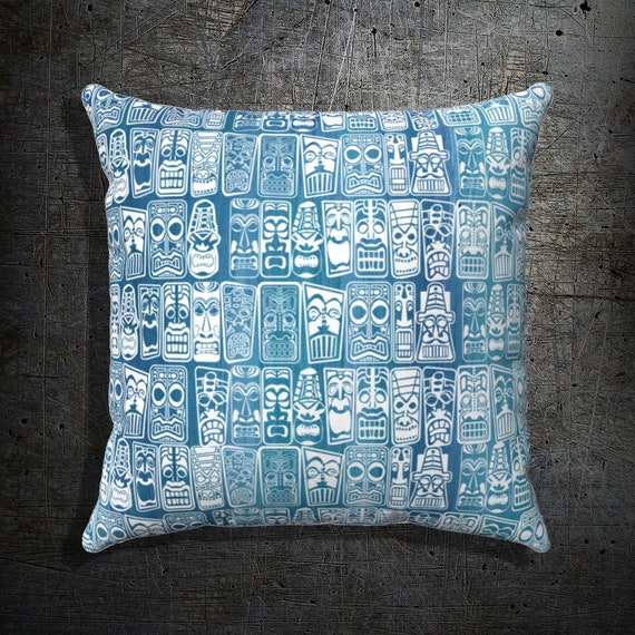 Retro Tiki Spun Polyester BLUE Square Pillow 1950s vintage style Pillow Case