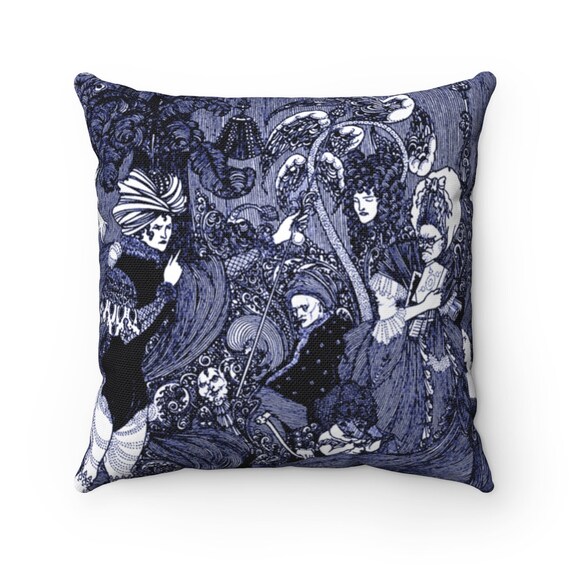 Art Nouveau Aubrey Beardsley drawing on a Spun Polyester Square Pillow Case,  Blue on Blue