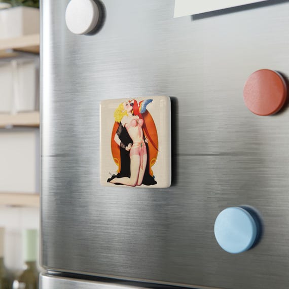 Retro 1950s Pin-Up with Parrot  on a  Porcelain Magnet, Square | Mid Century