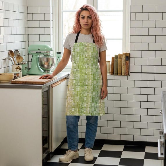 Retro Tiki Jungle Green Apron | Mid Century Tropical Kitchen