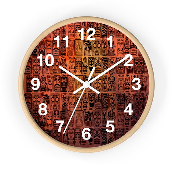 Retro Tiki Mid Century Modern Wall clock Wallpaper Tropical Orange Tiki Head Pattern