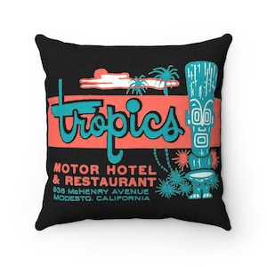 Retro Tropical Tiki TROPICS Motor Hotel and Restaurant on Spun Polyester Square Pillow Case