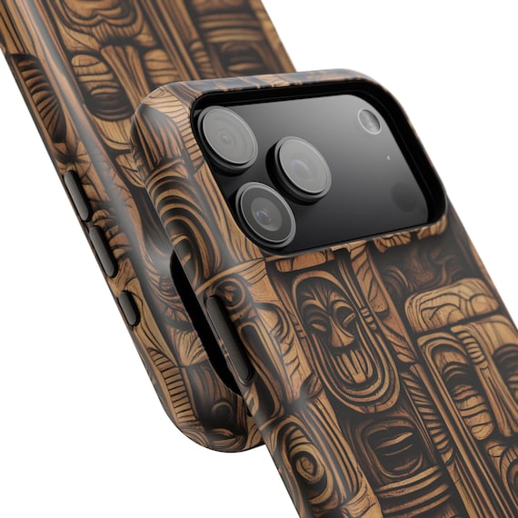 Phone Case, Retro Tiki God Heads Pattern, Impact-Resistant, includes  iPhone 17 Models, Protective Cover, MCM Design, Phone Accessories.