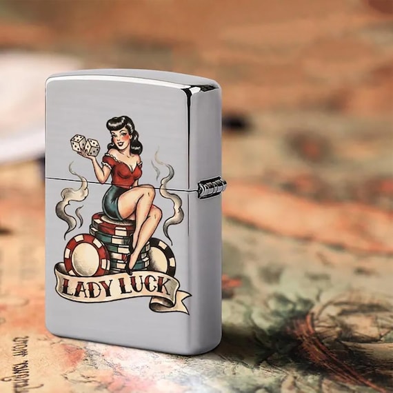 Retro Lady Luck Metal Lighter Replacement case with Tattoo art